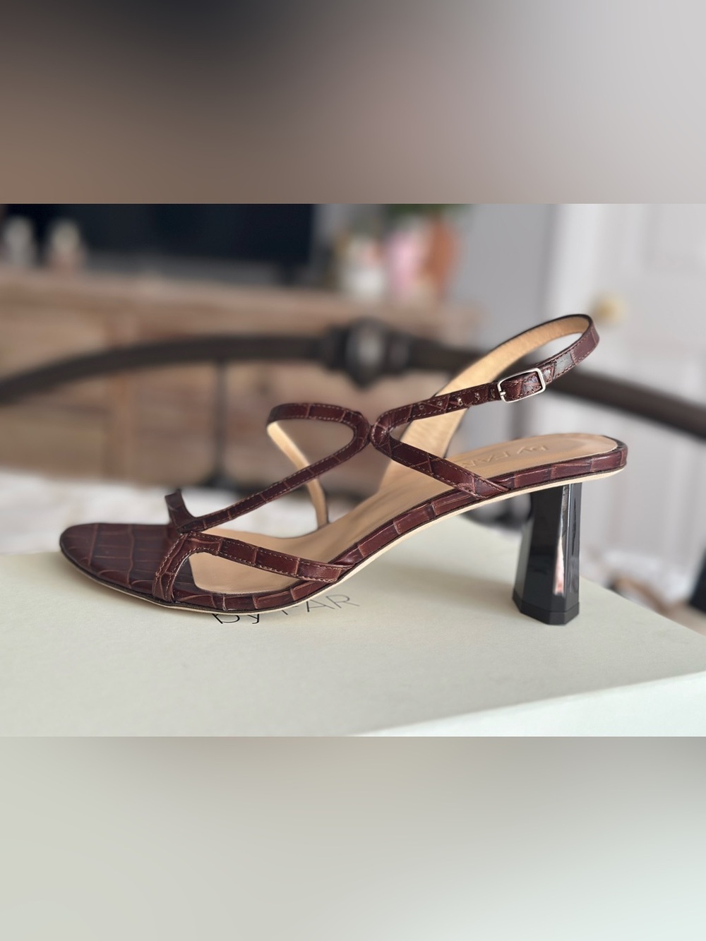 BY FAR Brigette Nutella Croco Embossed Leather Sandals NWT